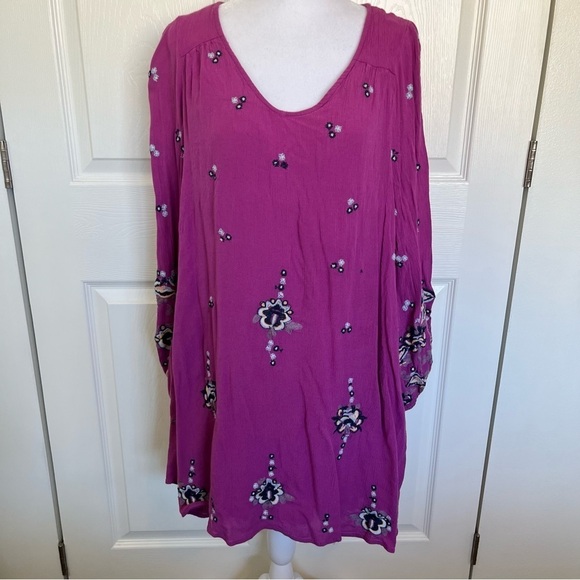 Free People Purple Oxford Embroidered Long Sleeve Mini Dress Size M - Picture 3 of 8